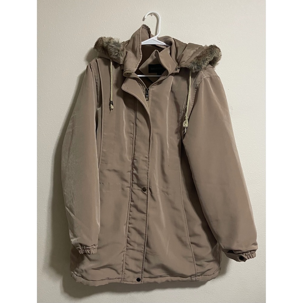 Harve Benard‎ Tan Hooded Parka Jacket Faux Fur Trim Medium Zip Snap Front Coat
